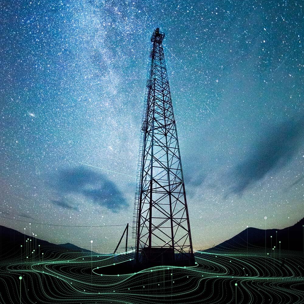 Cell tower with stars in background